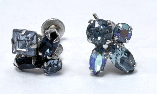 Signed Sherman Earrings Blue Rhinestone Screw Back Vintage Cluster Mid Century Jewelry 1/2 Inch