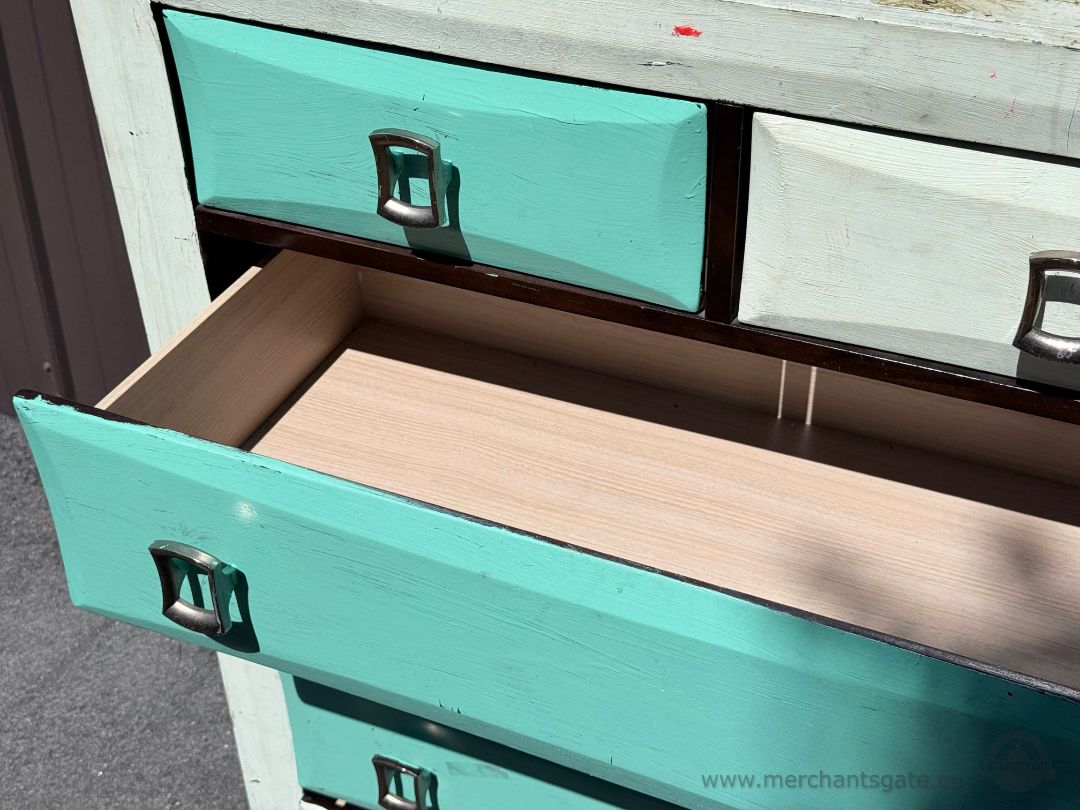 Solid Wood Tall Dresser Chest of Drawers Turquoise White Distressed Finish