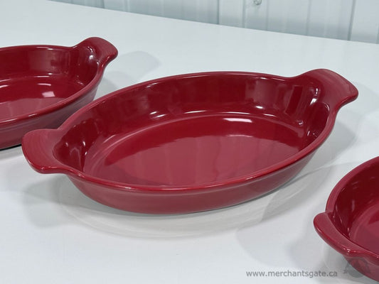 Set of 3 Red Costco Stoneware Oval Baking Dishes Casserole Serving Bowls