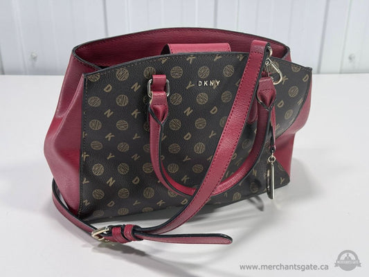 DKNY Logo Print Satchel Crossbody Handbag Burgundy Brown Designer Purse Leather Trim