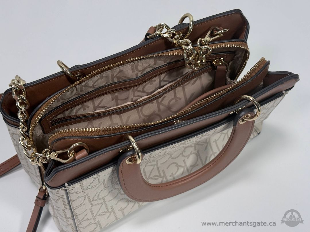Calvin Klein CK Monogram Satchel Crossbody Handbag Cream Brown Chain Strap Purse