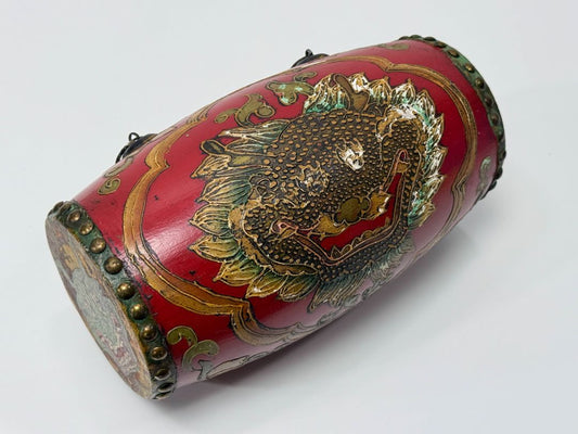 Hand Painted Red Dragon Barrel Drum Vintage Decorative Accent Piece