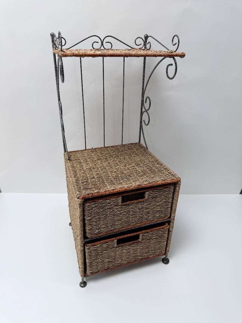 Wrought Iron Wicker Shelf Unit With 2 Drawers Decorative Storage Stand 31 Inches Tall