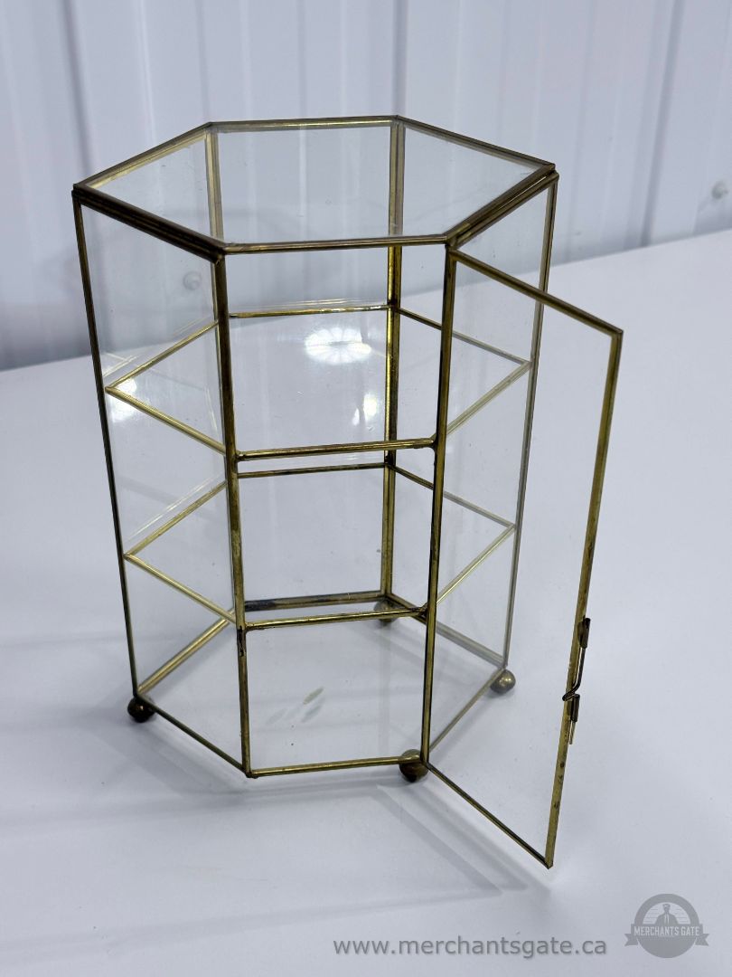 Vintage Brass Glass Curio Cabinet Miniature Display Case 2 Shelves Hexagon