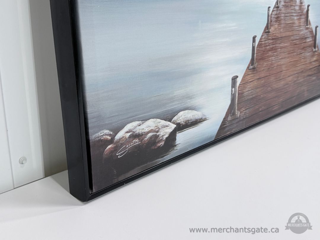 Hossein Socotti Mountain Lake Dock Landscape Canvas Print Framed 37" x 25"