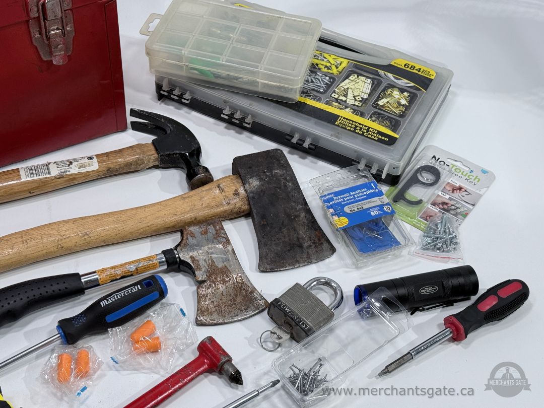 Trademaster Metal Tool Box & Large Mixed Hand Tool Lot Axes Hammers Bits Hardware