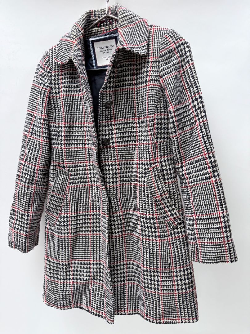 Tommy Hilfiger Womens Plaid Wool Blend Coat Size 4 Classic Check Pattern