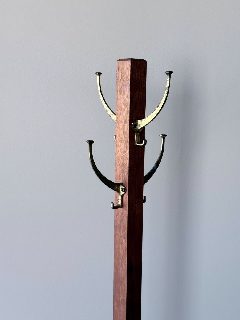 Solid Wood Freestanding Coat Rack with Brass Hooks – Heavy 68" Hall Tree