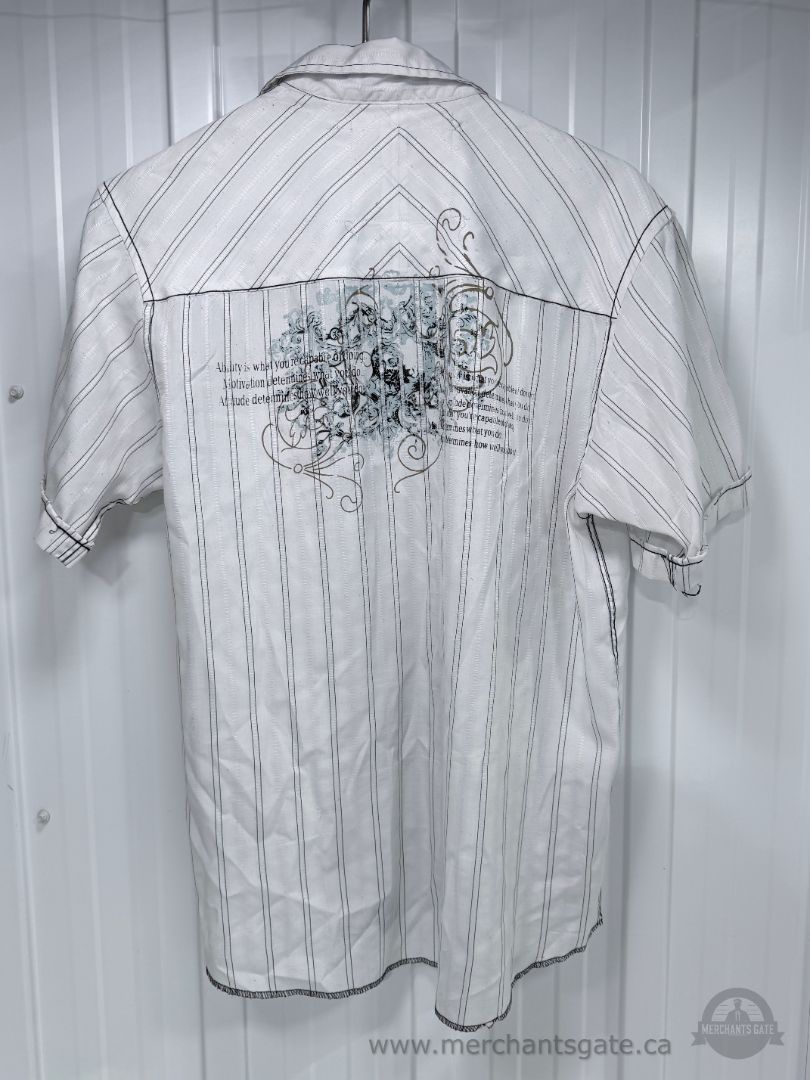 Objekt men’s short-sleeve button-up shirt in white with black and grey vertical stripes. Features graphic detailing across the front and back, contrasting black stitching, metal-look branded buttons and a chest pocket. Size Large / 16½ 60% cotton / 40%