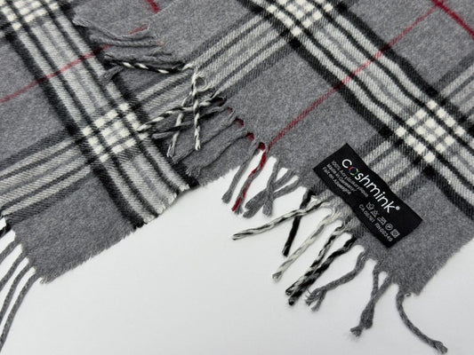German Made Cashmink Scarf Gray Black Red Plaid Pattern 10 x 60 Inches Mint Condition