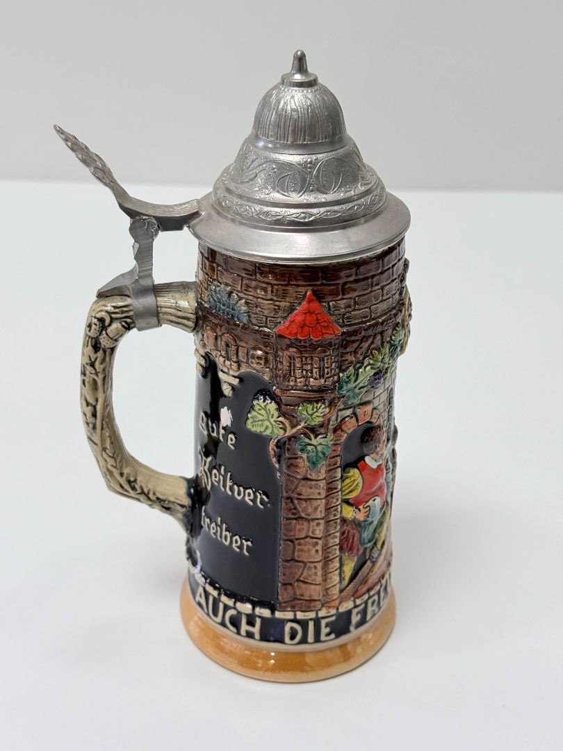 Vintage German Beer Stein 1950s Ceramic With Pewter Lid Hand Painted Tavern Scene