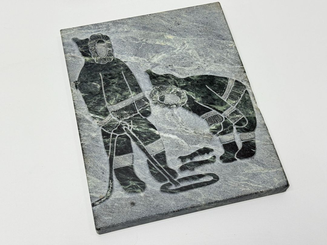 Inuit Soapstone Wall Plaque 1999 Signed Carving Hunters With Dogsled Scene 8 x 10
