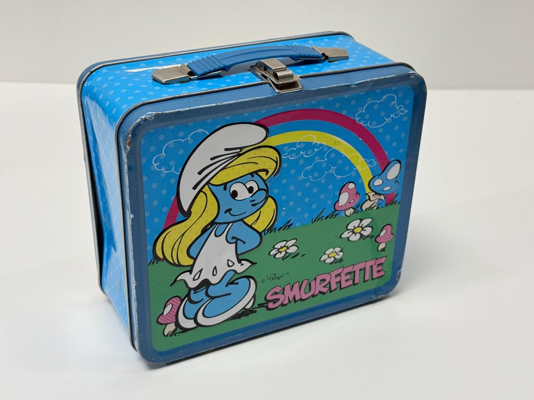 Smurfette Metal Lunch Box Tin Retro Collectible Blue Rainbow Design