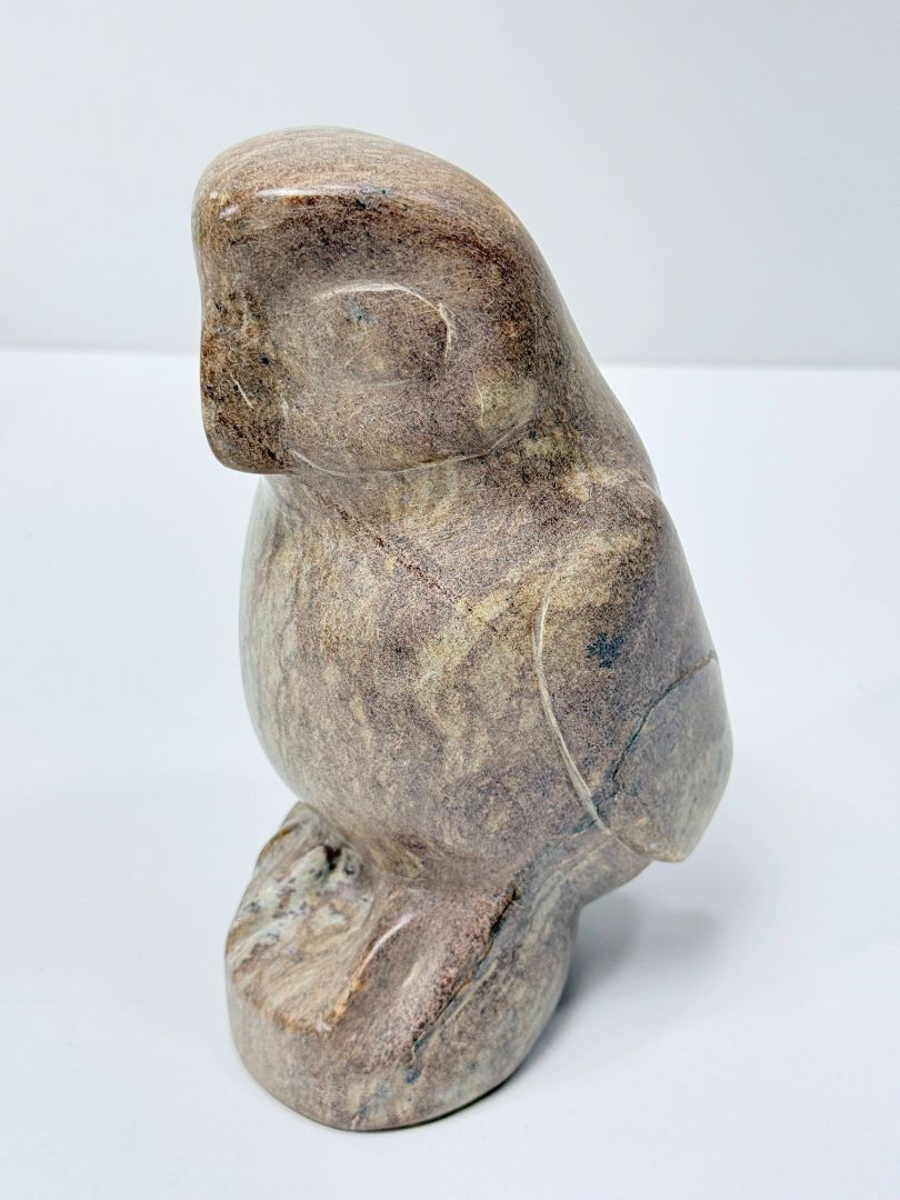 Signed Canadian Soapstone Owl Sculpture 1995 Hand Carved Stone Bird Figurine