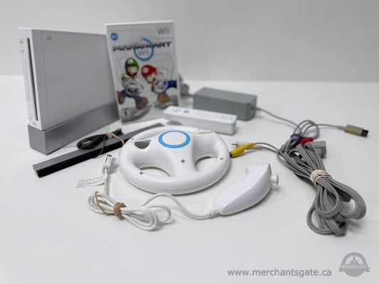 Nintendo Wii Console MarioKart Wii Bundle With Wheel Controller Cables Sensor Bar