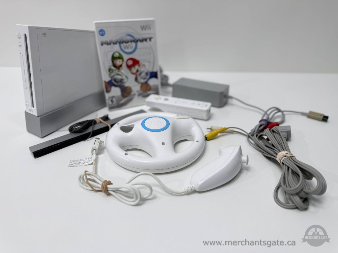 Nintendo Wii Console MarioKart Wii Bundle With Wheel Controller Cables Sensor Bar