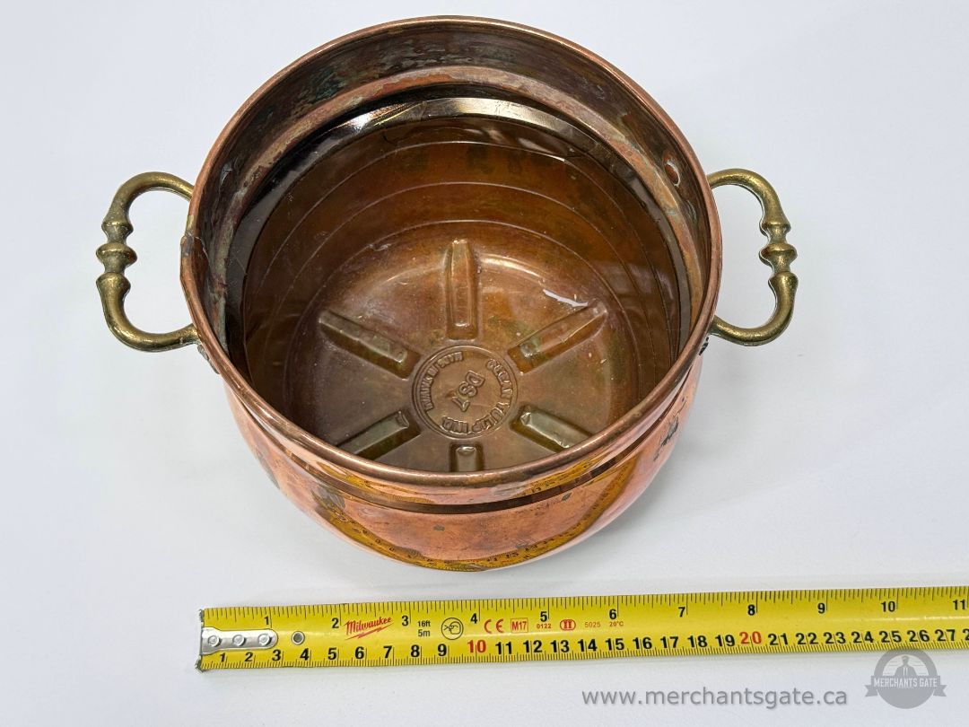 Vintage French Copper Cachepot Jardiniere Brass Handles 7” Wide Planter