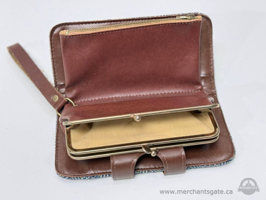 Vintage British Tweed Wallet / Clutch with Leather Trim & Kiss Lock Coin Purse
