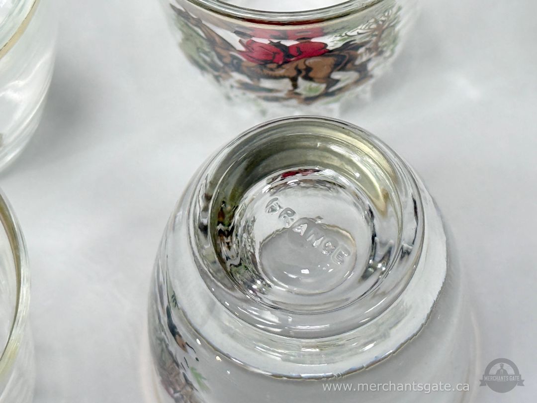 Set of 6 French Hunting Scene Shot Glasses Gilt Rim Made in France Vintage