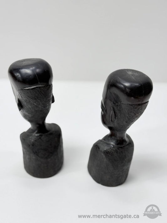 Pair Of Hand Carved Wooden Sculptures Abstract Figurines Dark Wood Art