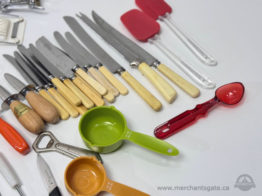 Vintage Kitchen Utensil Lot Mixed Stainless Steel Wood Plastic Tools Knives Gadgets