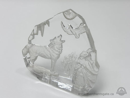 Clear Glass Wolf and Eagle Sculpture with Mountain Scene Indigenous Face Art