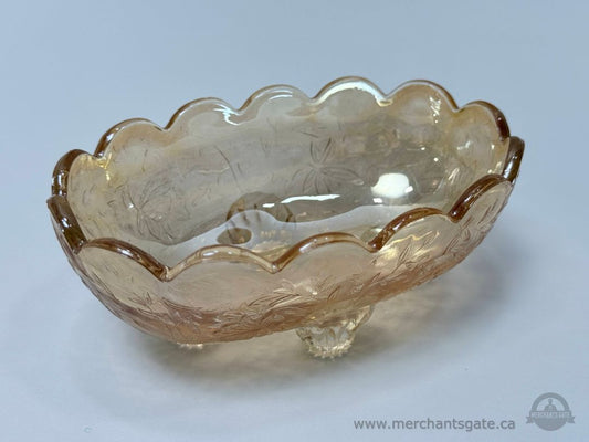 Vintage Carnival Glass Footed Bowl Amber Iridescent Scalloped Rim Floral 5.5”