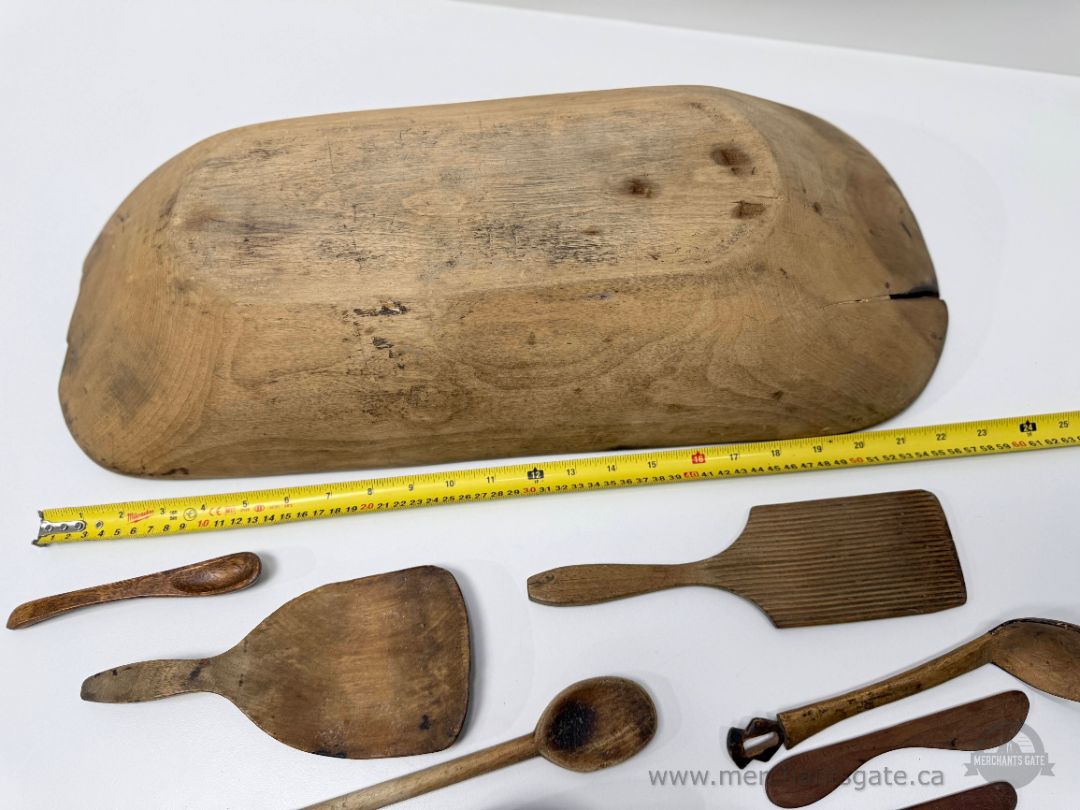 Large Antique Hand-Carved Wooden Dough Bowl with Primitive Kitchen Tools Set / Farmhouse
