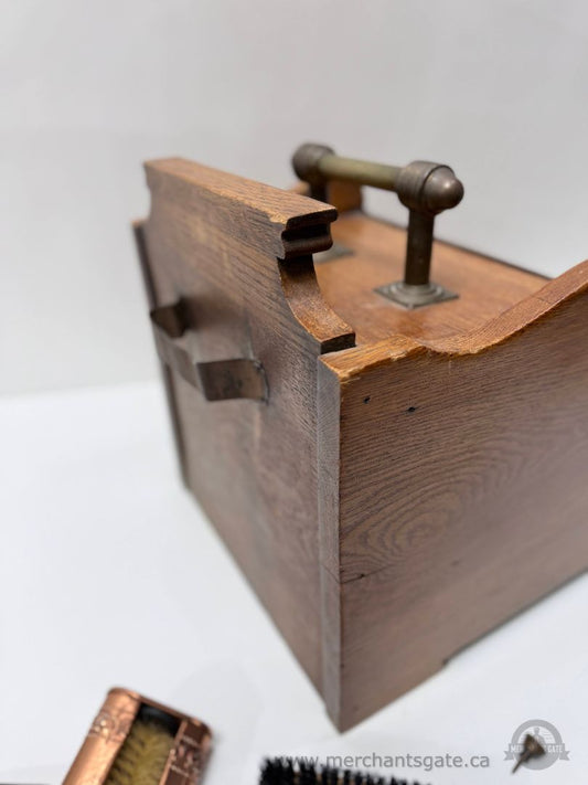 Antique Oak Shoe Shine Stand w Copper Polish Holder – Early 1900s