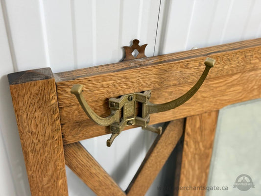 Antique Oak Hall Mirror with Beveled Glass & Brass Hooks Arts & Crafts c.1900–1925
