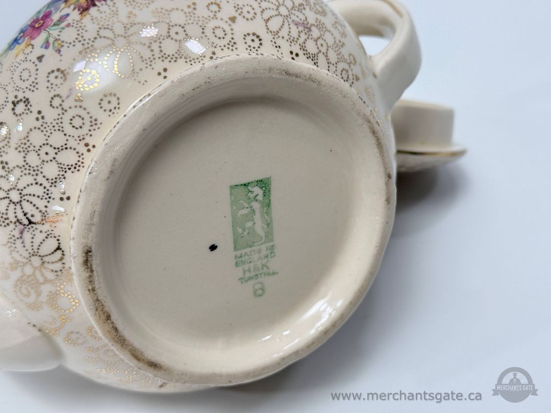 H & K Tunstall Floral Teapot with Lid – Made in England – Gilt Decor