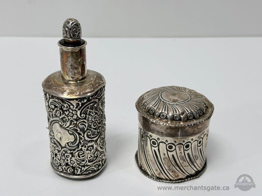 Silver Plate Vanity Set Perfume Bottle Powder Jar and Pin Dish Decorative Tableware