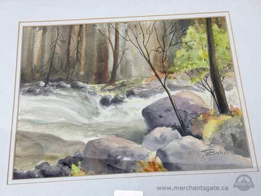 W. Baker Framed Landscape Print – Woodland Stream Scene – 19" x 15"