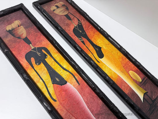 Framed African Art Wall Panels Pair Woman Figurative Prints Bamboo Style Frame