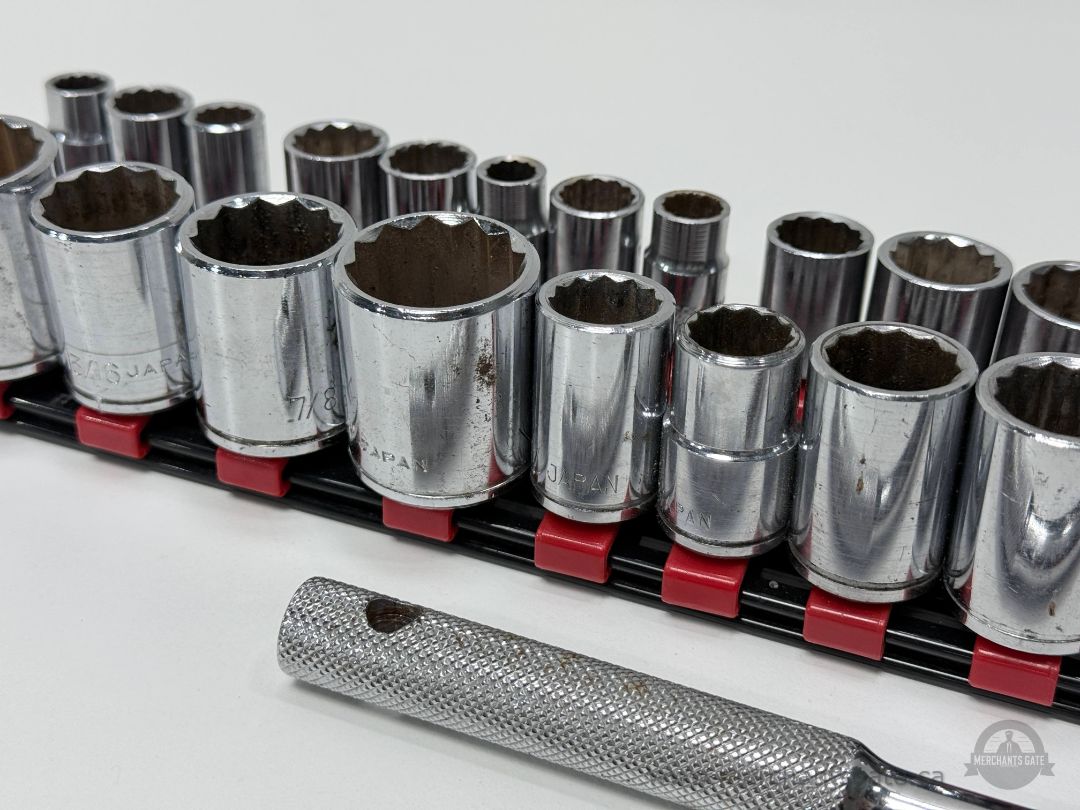 Vintage Japan Socket Set Mixed Drive 3/8 & 1/2 Imperial SAE w/ Ratchet Extensions