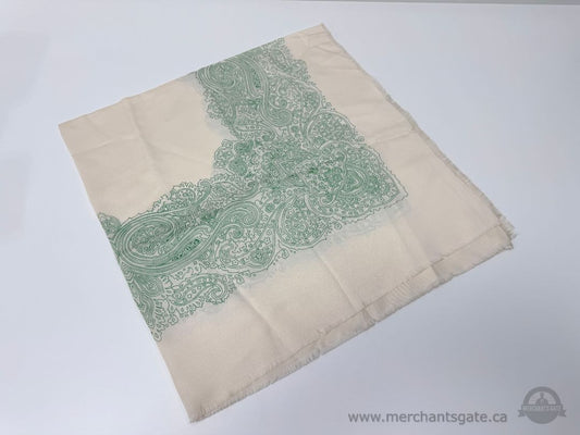 Vintage Paisley Pattern Scarf Cream and Green Lightweight Fabric 38 Inch Length