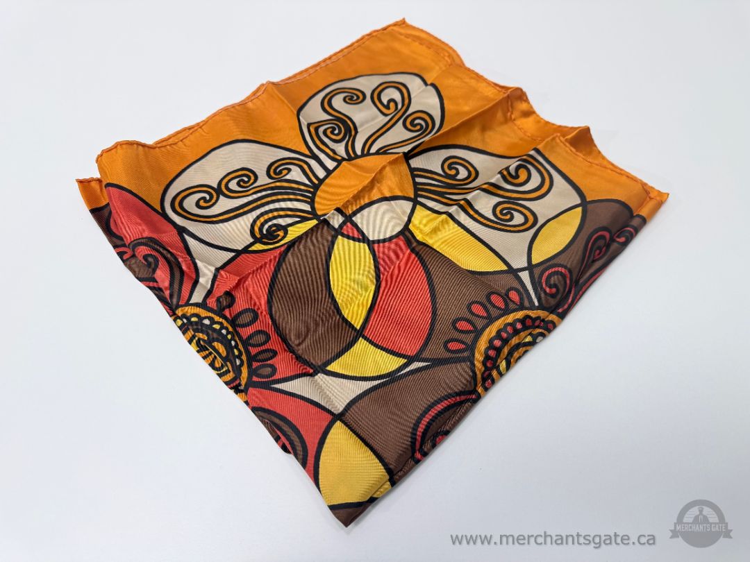 Vintage Mod Floral Scarf Orange Yellow Brown Graphic Pattern