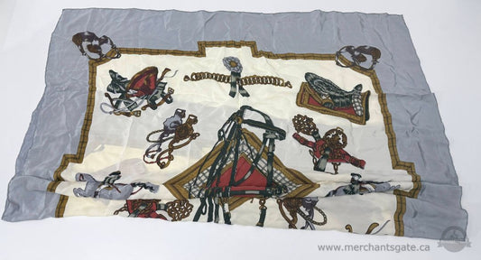 Vintage Equestrian Themed Scarf Cream Gray Multicolor Approx 22 in Length