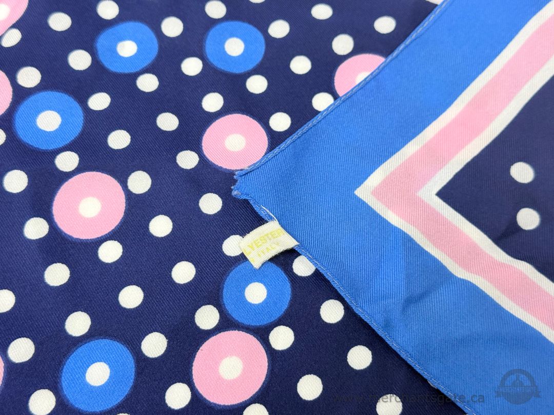 Vintage Signed Patricia Dumont Polka Dot Pattern Scarf Blue Pink White Made in Italy