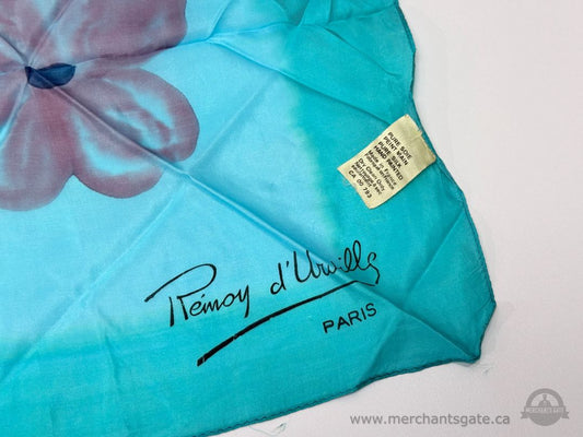 Vintage Remoy d’Urville Paris Hand Painted Silk Scarf Turquoise Floral Made in France