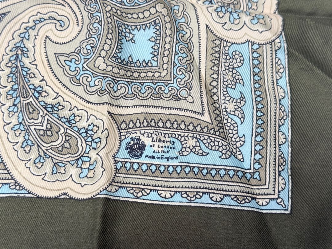 Vintage Liberty of London Paisley Pattern Silk Scarf Green Blue Ivory Made in England