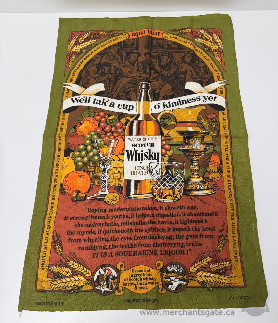 Vintage Scotch Whisky Tea Towel – Auld Lang Syne Design, Made in Britain