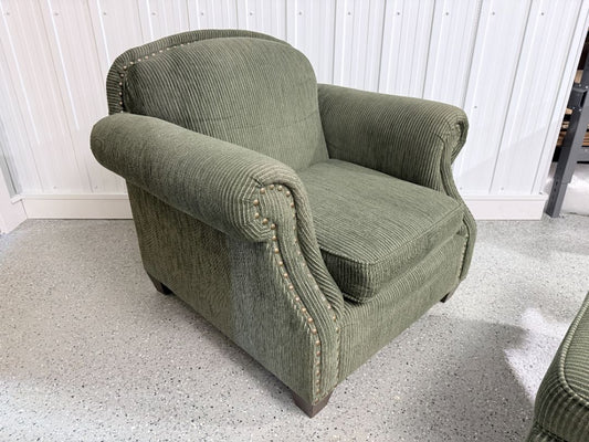 Traditional Green Armchair with Nailhead Trim + Storage Ottoman