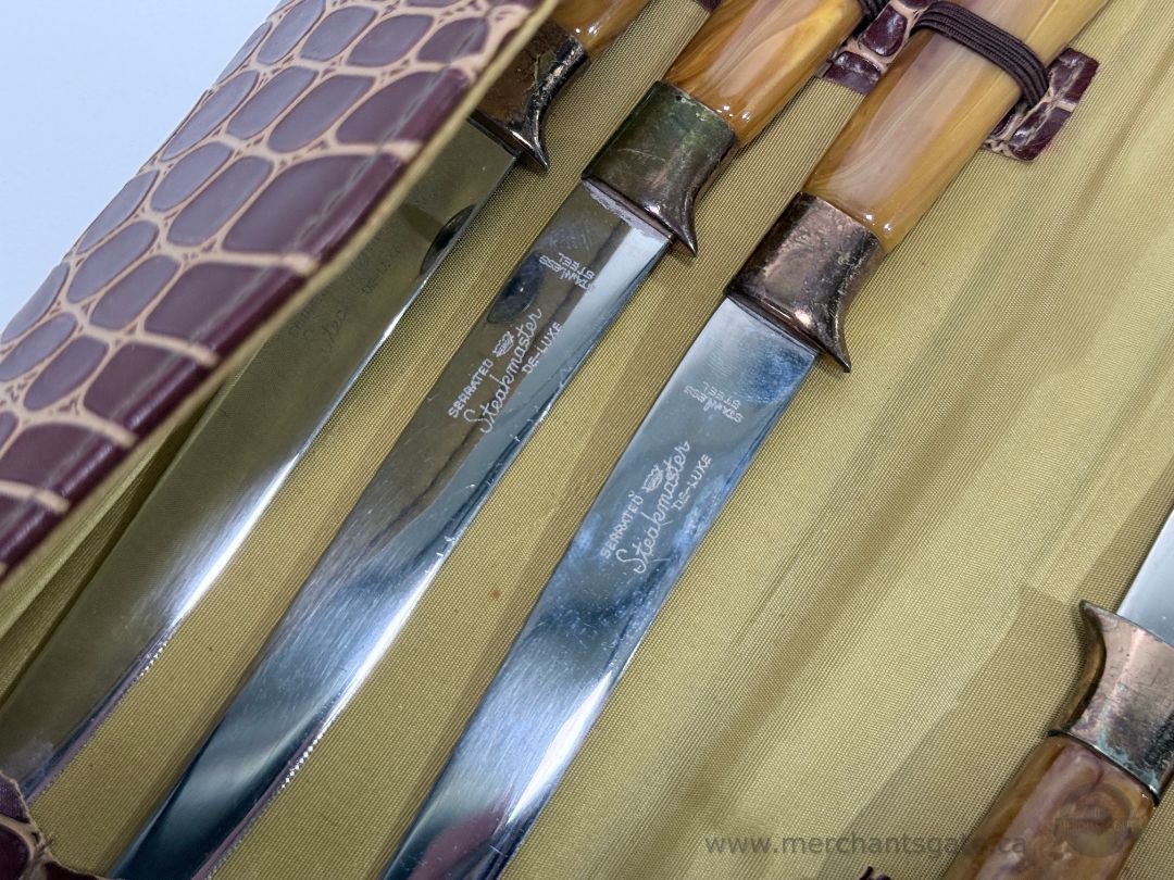 Vintage Steakmaster Deluxe Stainless Steel Serrated Steak Knife Set with Case