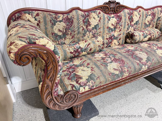 Victorian Rococo Revival Style Carved Wood Sofa 92" Floral Tapestry Upholstery with Scroll Arms & Crest