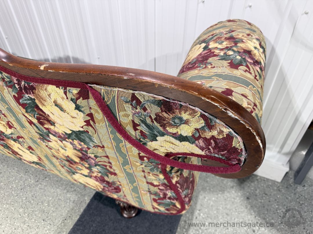 Victorian Rococo Revival Style Carved Wood Sofa 92" Floral Tapestry Upholstery with Scroll Arms & Crest