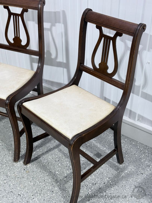 Antique Empire Style Lyre Back Dining Chairs Pair with Upholstered Seats
