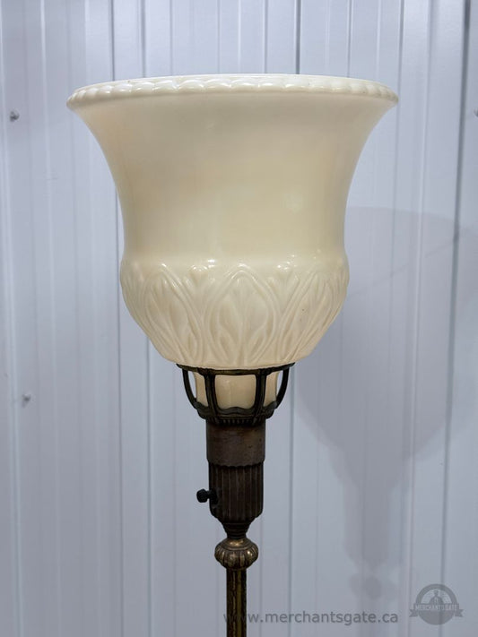 Vintage 1940s Brass Torchiere Floor Lamp with Glass Shade – 72" Tall