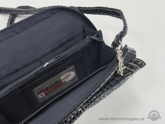 Rosetti Fantastico Croc Embossed Crossbody Wallet Purse Black Faux Leather 8"