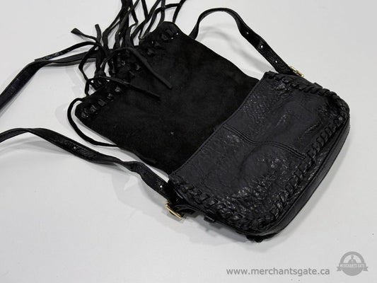 Black Leather Fringe Crossbody Purse Handwoven Trim Boho Style Shoulder Bag 8"
